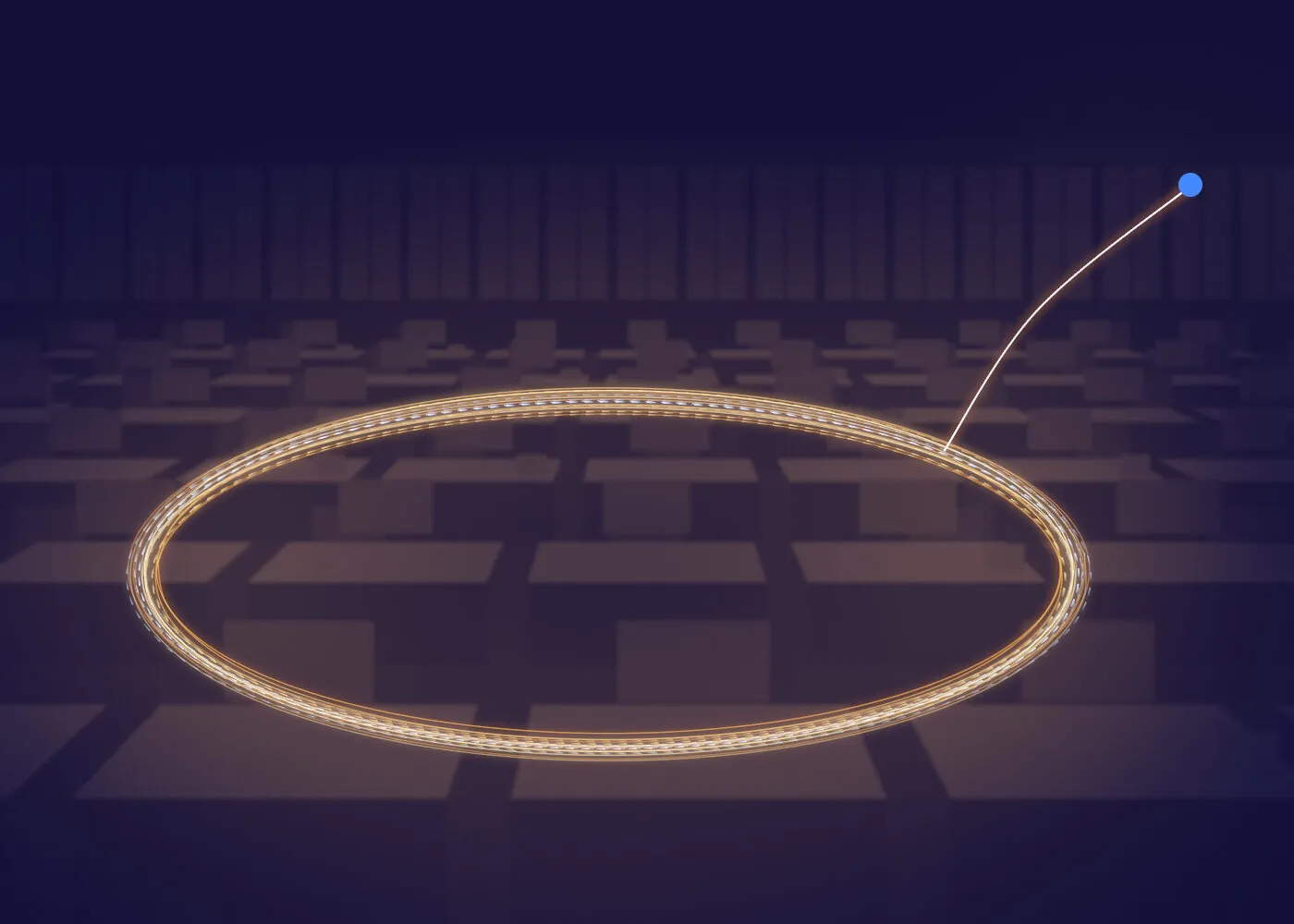 A steady ring of light circling an empty office at night, for an AI worker running one routine job