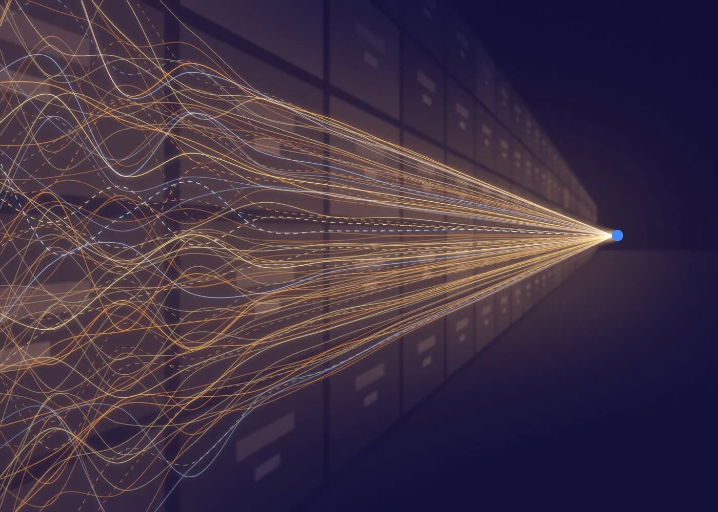Tangled lines of light combed into order along a long wall of filing drawers, for bulk data cleanups