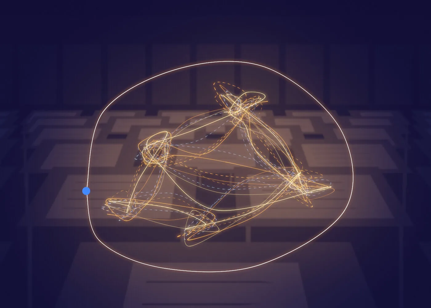 A clean outline drawn around a tangle of light in a room of plan tables, for custom software built to fit