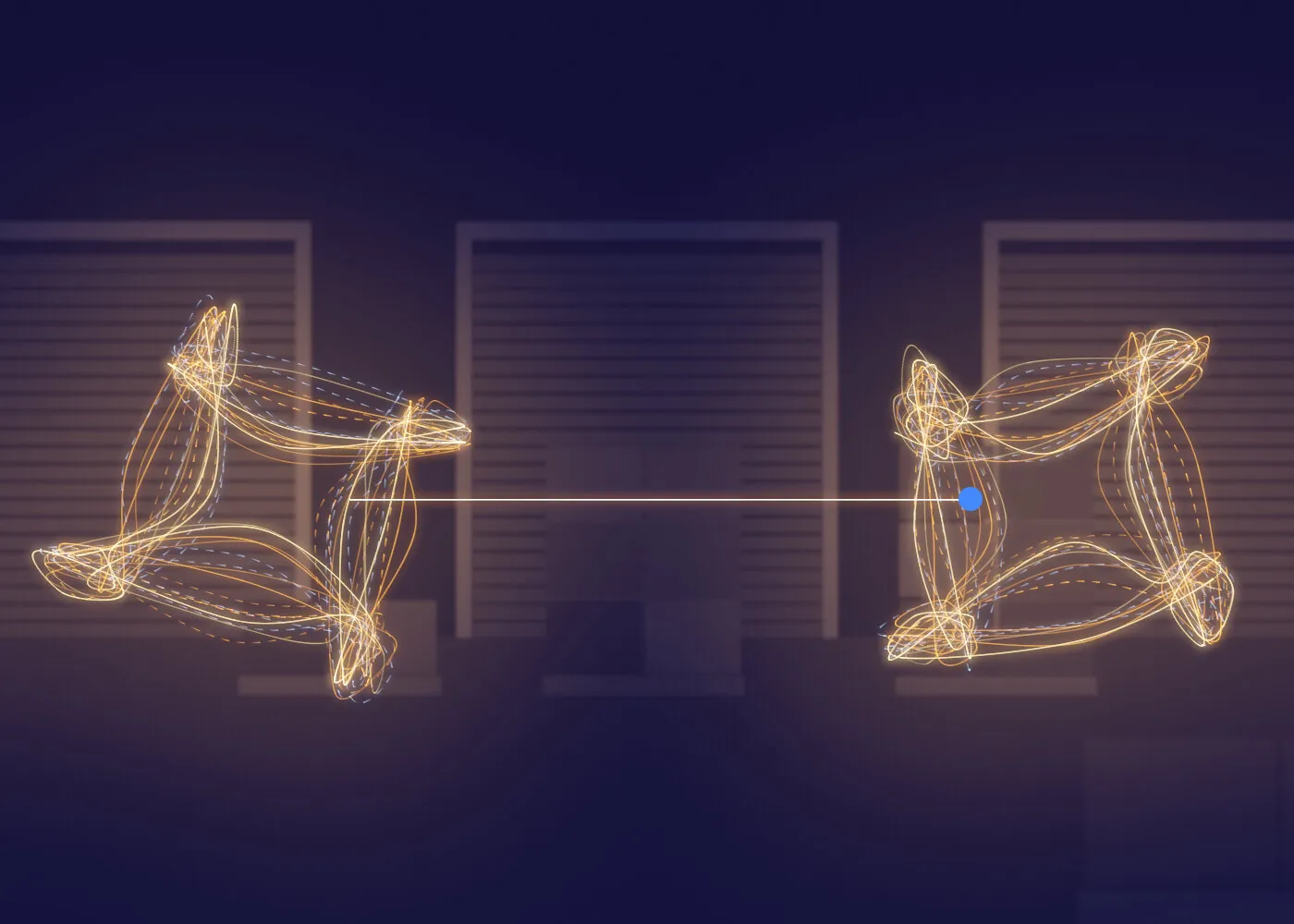 Two tangles of light at two loading bay doors joined by one straight line, for connecting software that should talk