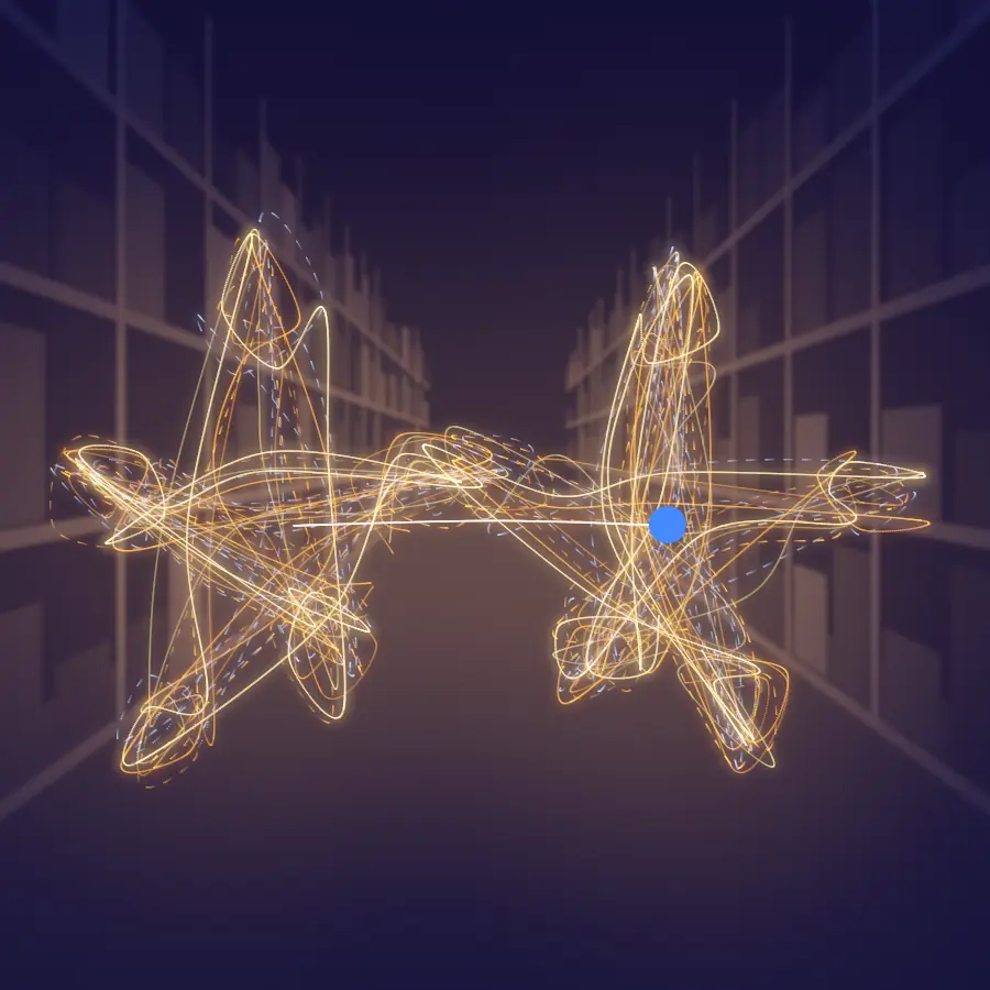Long exposure of a warehouse aisle at night: two tangles of light joined by one straight line that ends in a blue period