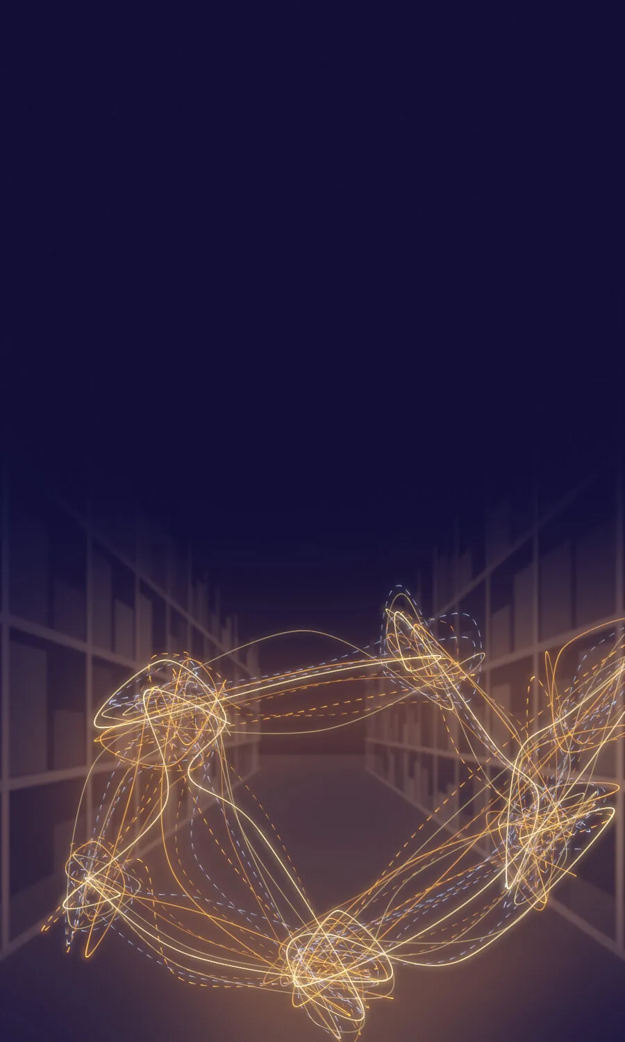 Long exposure of a warehouse aisle at night, with looping trails of light showing how a stock count really moves between the shelves
