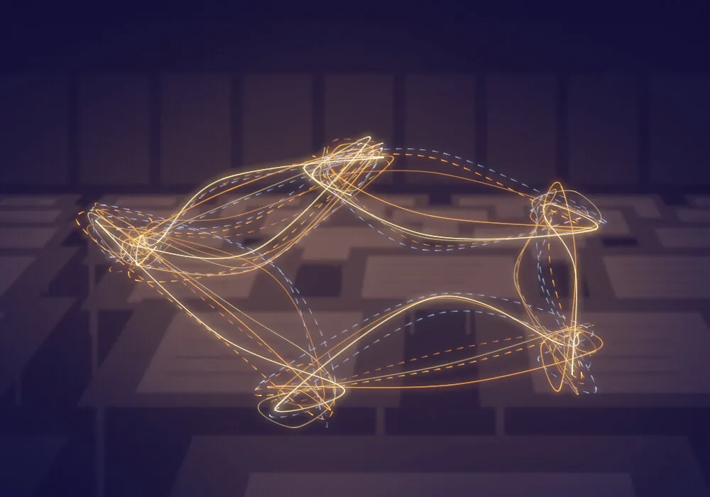 Trails of light moving across plan tables in a site office