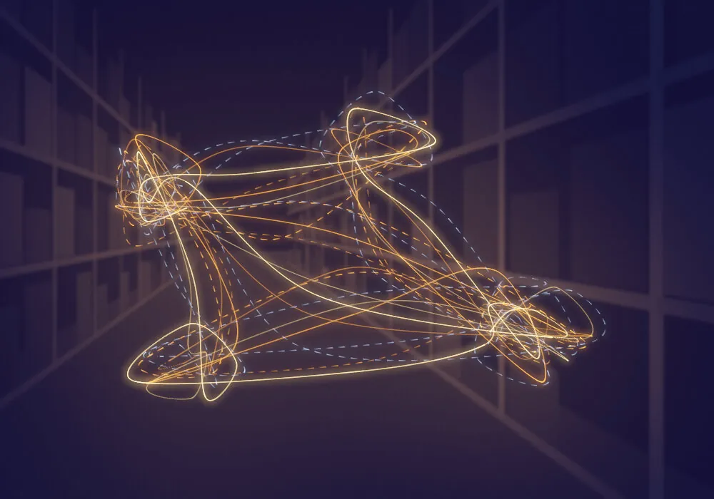 Trails of light moving between warehouse shelves