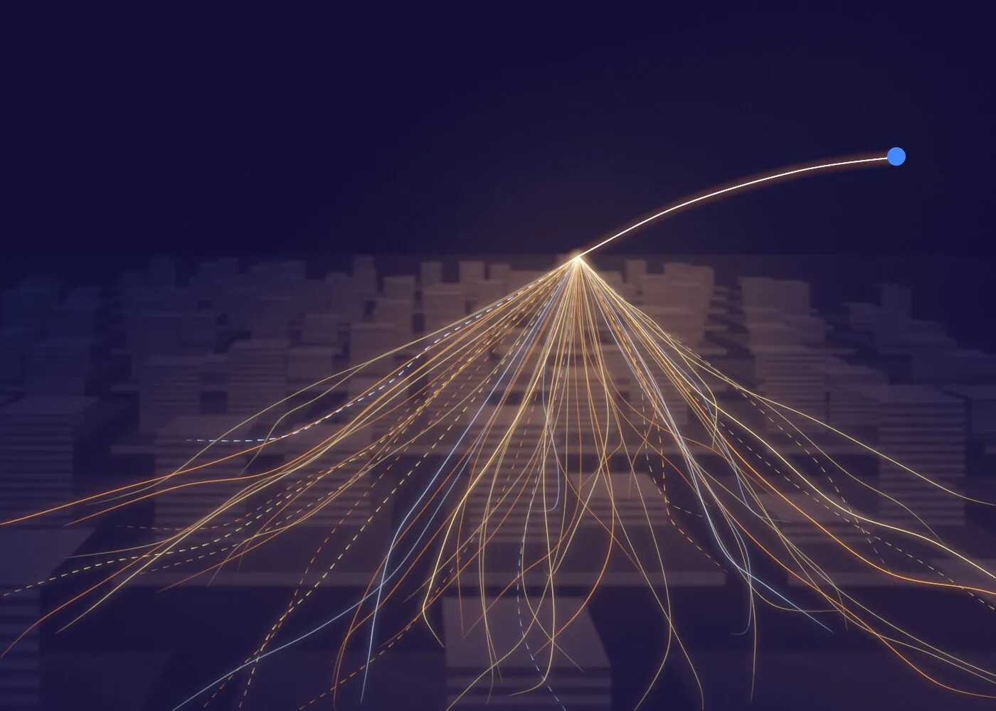 Trails of light rising from stacks of paper and meeting in one line that ends in a blue period, for reports built from your own data