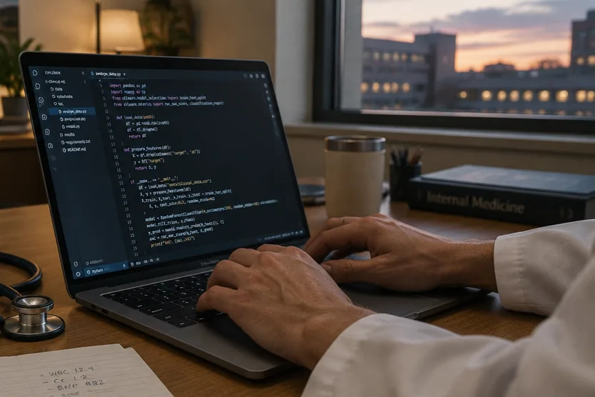 A clinician's hands typing Python code on a laptop