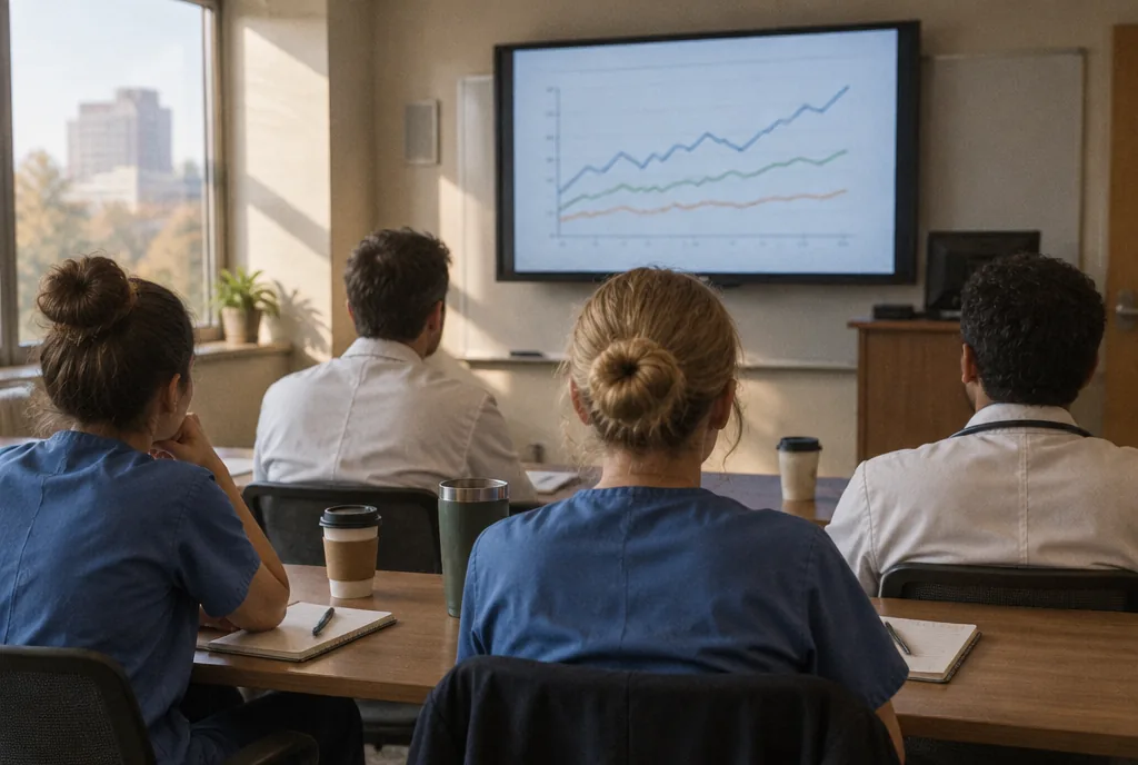 Clinicians seen from behind, listening to a presenter in a hospital teaching space