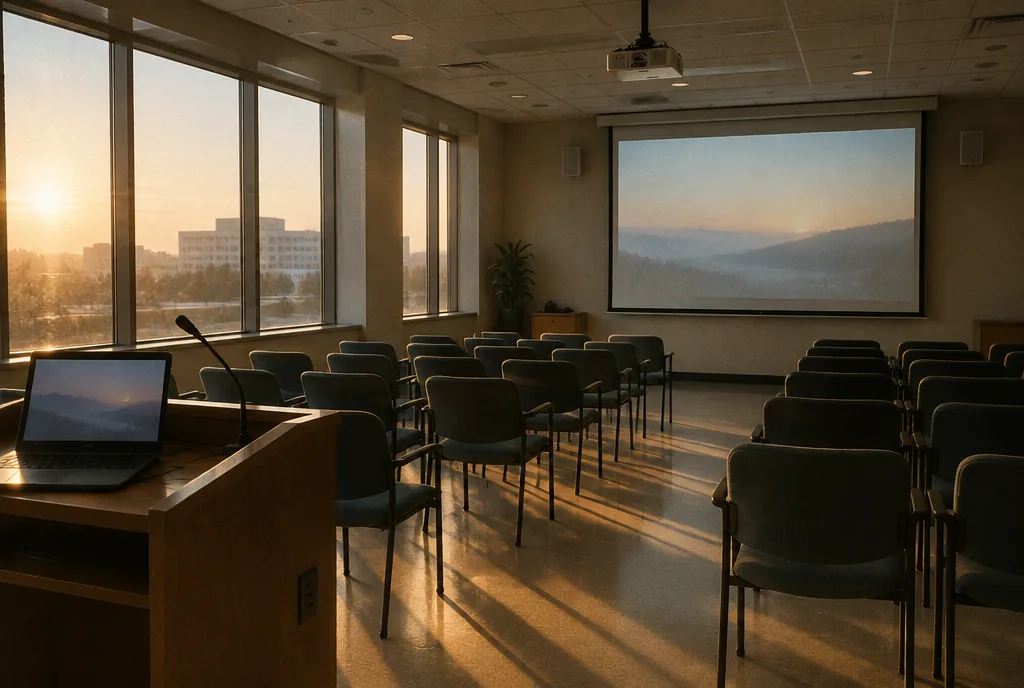 An empty hospital seminar room at dawn